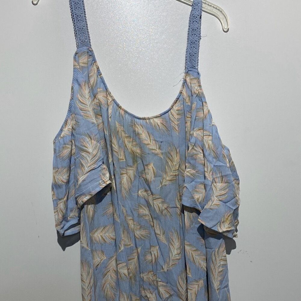 Womens Blue Feather Print Cold Shoulder Boho Mini Dress with Crochet Lace Straps